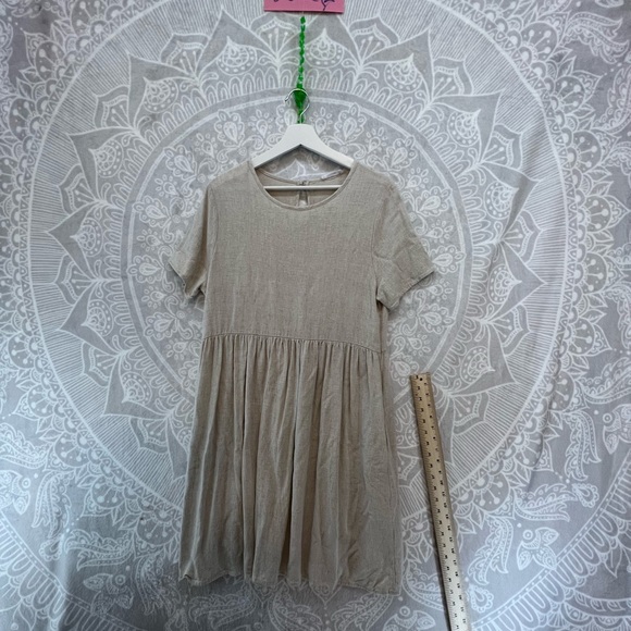 2 POCKET LINEN LOOK DRESS SHORT-SLEEVE M MEDIUM NATURAL NEUTRAL BEIGE - Picture 13 of 15